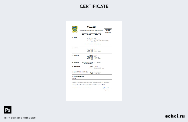 цифровая загрузка свидетельства о рождении Тувалу в формате Word и PDF шаблона